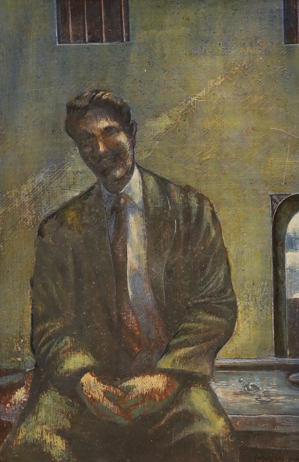 Peter Messer (1954-), egg tempura on board, 'Malcolm Lowry, June 1937', signed and dated '93, 45 x 30cm